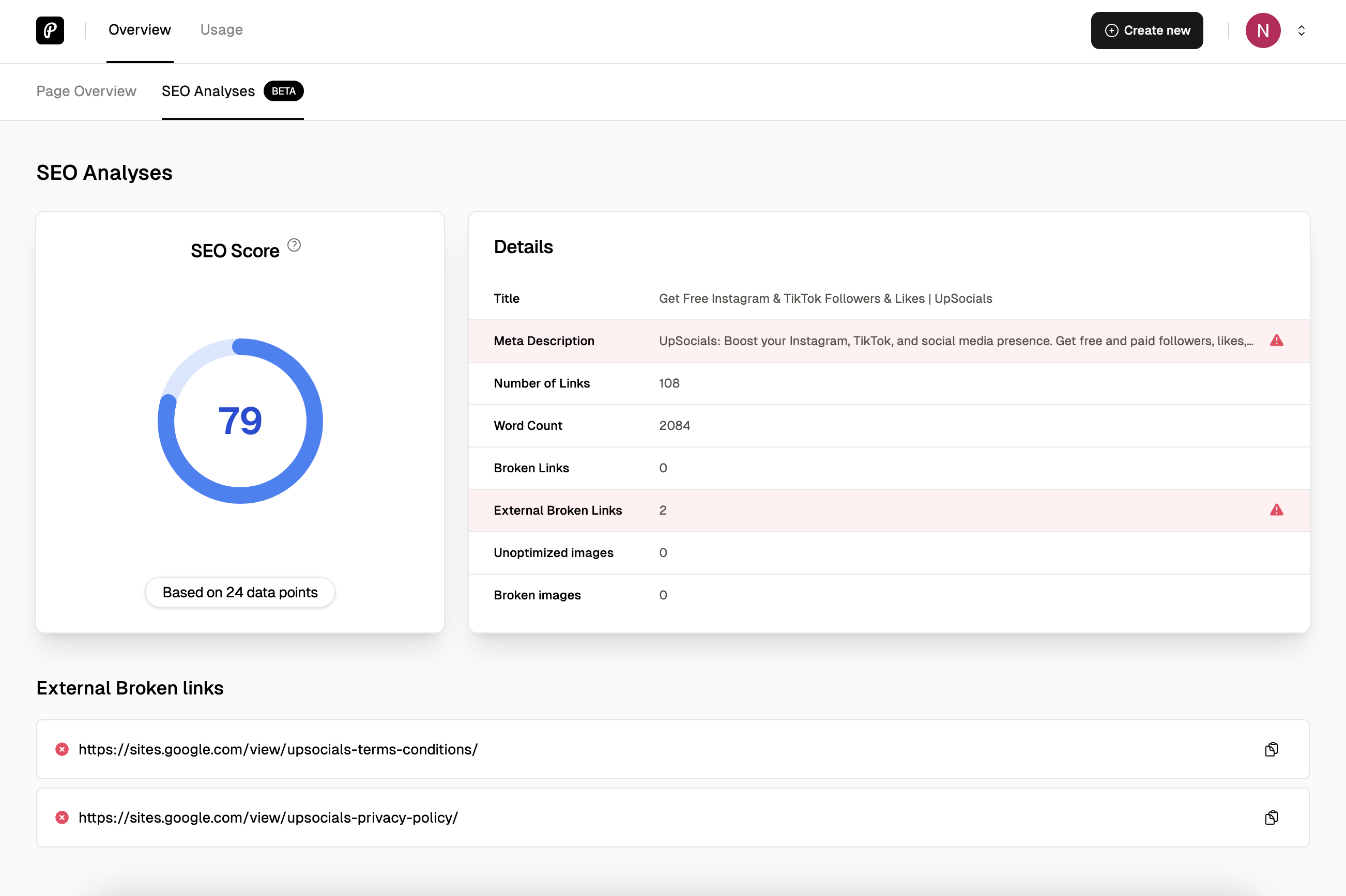 seo insights and audit screenshot